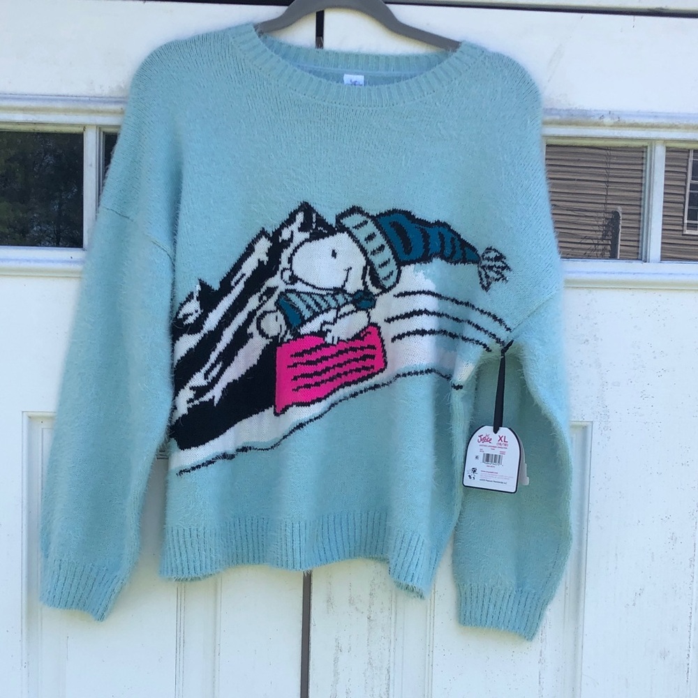 NWT Justice Snoopy Girls Soft and Fuzzy Snoop Woodstock on Sled Sweater Size XL
